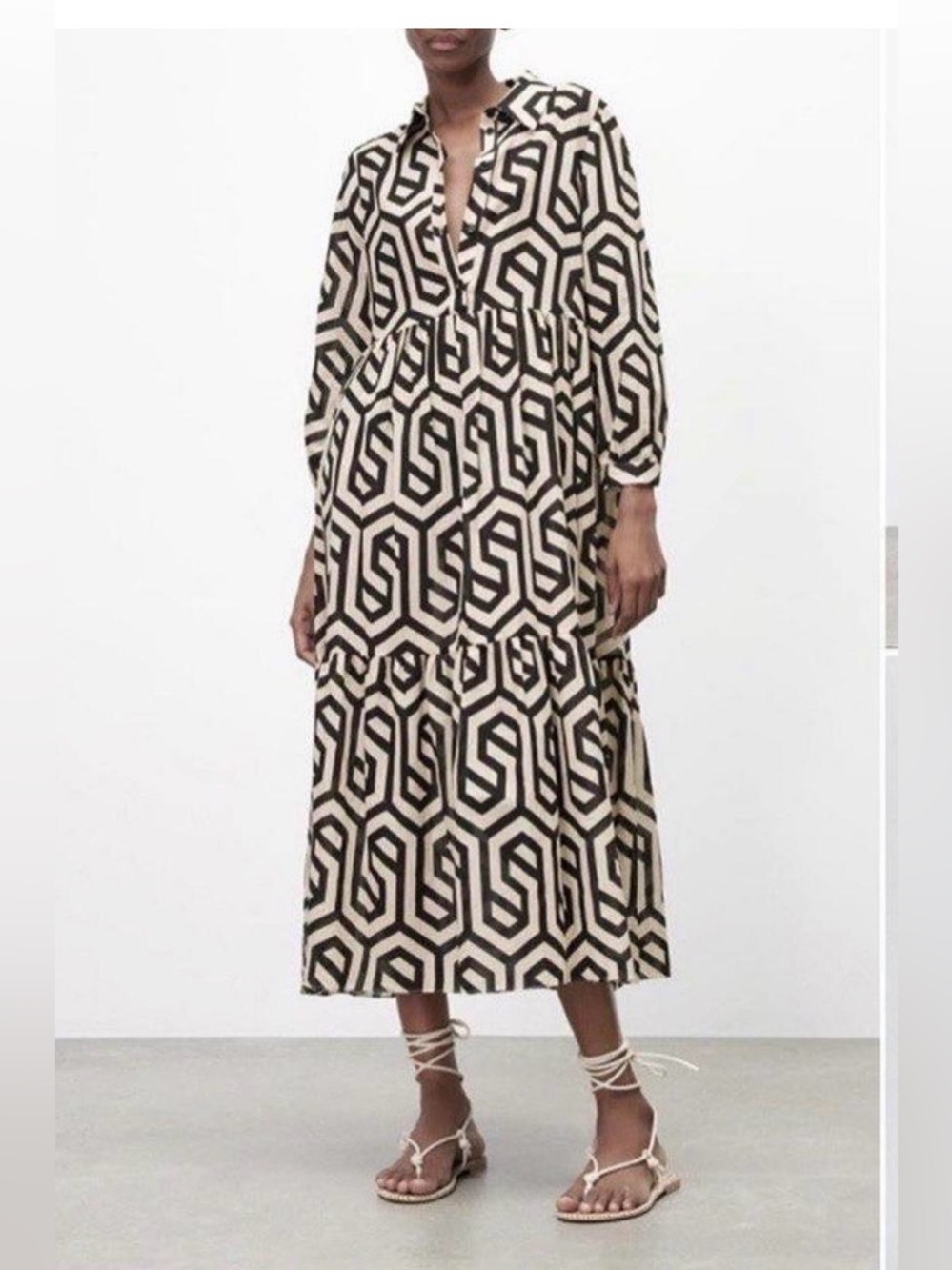 Zara Black and Cream Geometric Tiered Maxi Dress